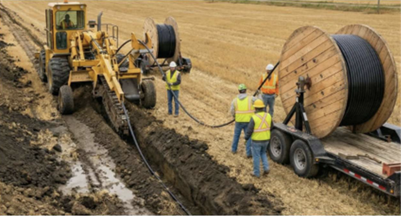 Crew trenching and laying fiber optic cable from a cable reel